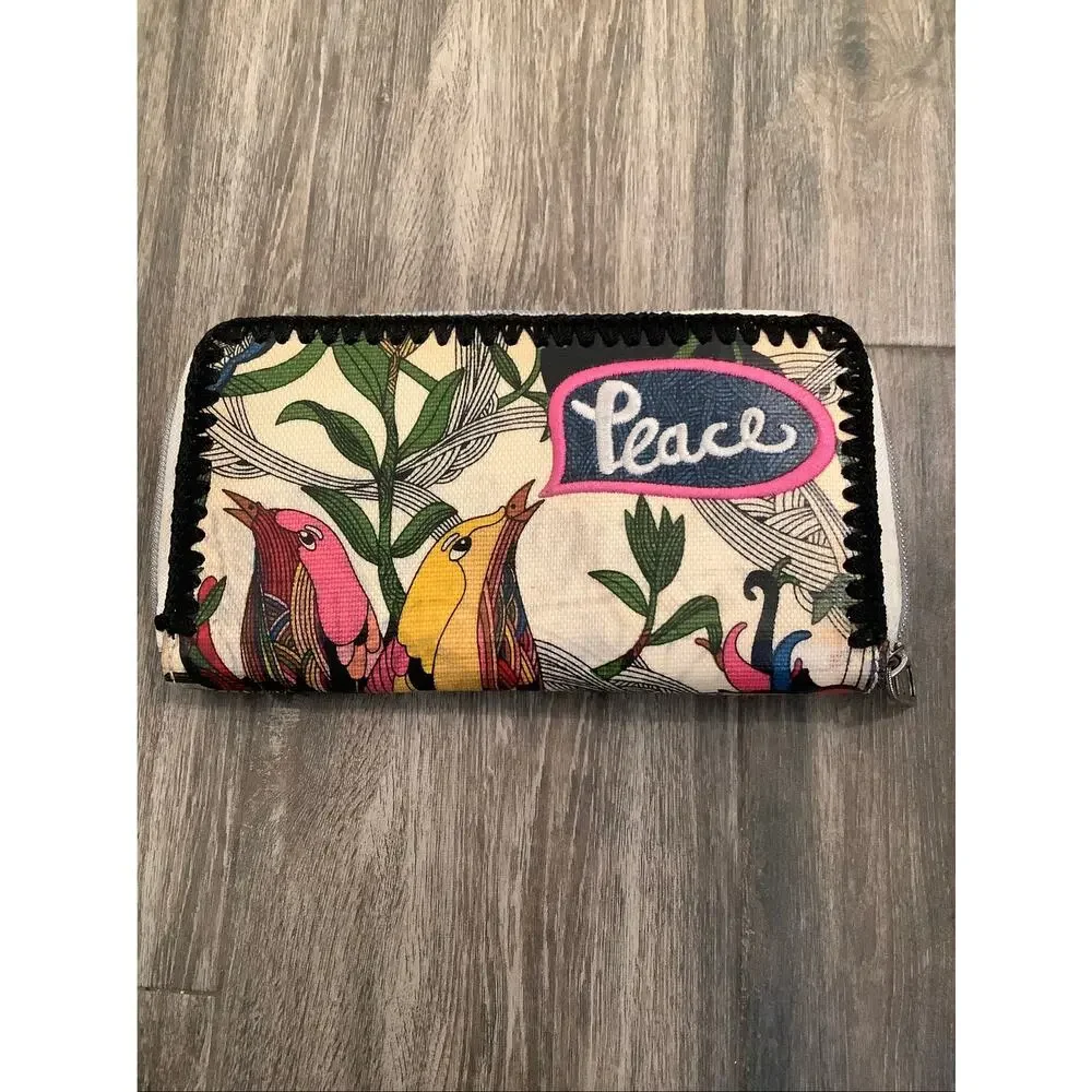 Sakroots Peace Nature Bird Floral Coated Canvas Zip Around Wallet Clutch C17-3